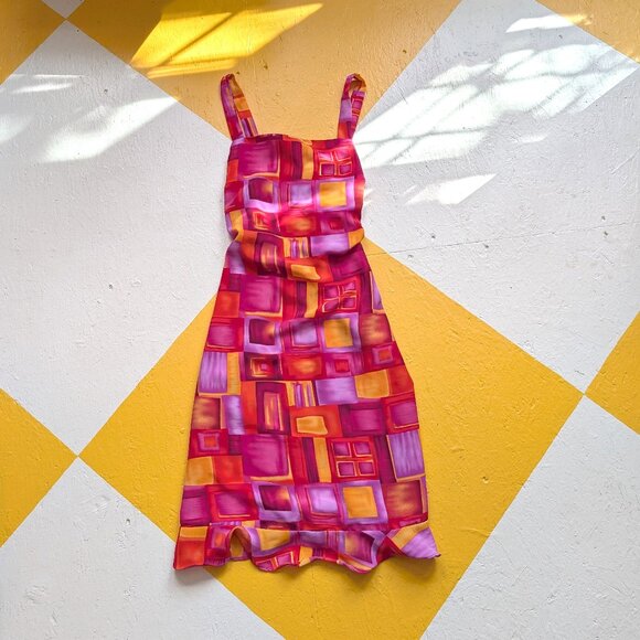 90s Vintage Tickets Mini Dress Windowpane Pink Orange Red Squares Tie Back - Picture 1 of 10